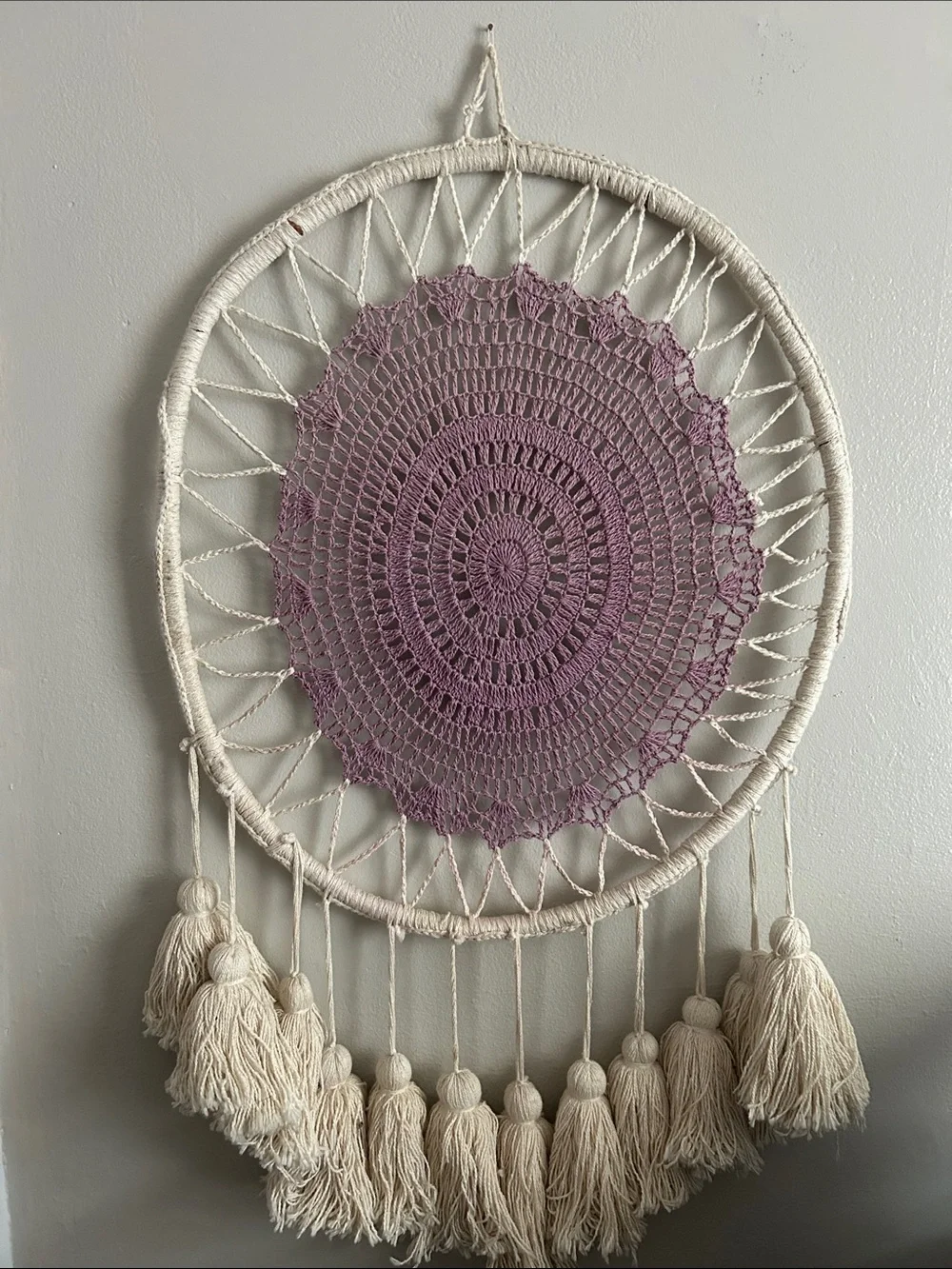 Handmade Boho Wall Hanging with Purple Crochet Center